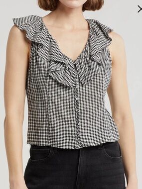 Nordstrom Black & White Gingham Ruffle V-Neck Button-Front Camisole